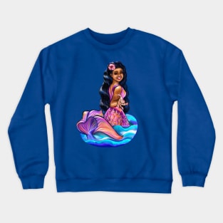 Mermaid Pacific princess  2 with rainbow coloured colored fins, hibiscus, outstretched  arm, brown eyes, Curly hair  and caramel brown skin - light background Crewneck Sweatshirt